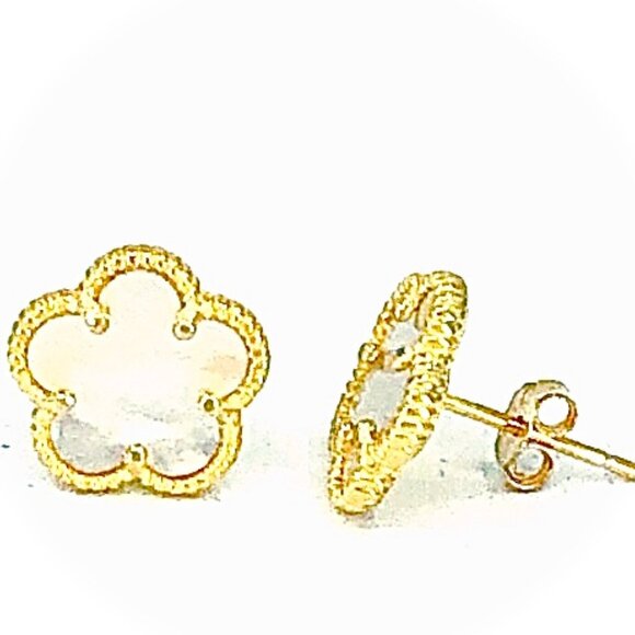 Clover 5 Leave Stud Earrings 18k GP 925 Sterling Silver / Mother of Pearl - Picture 4 of 6